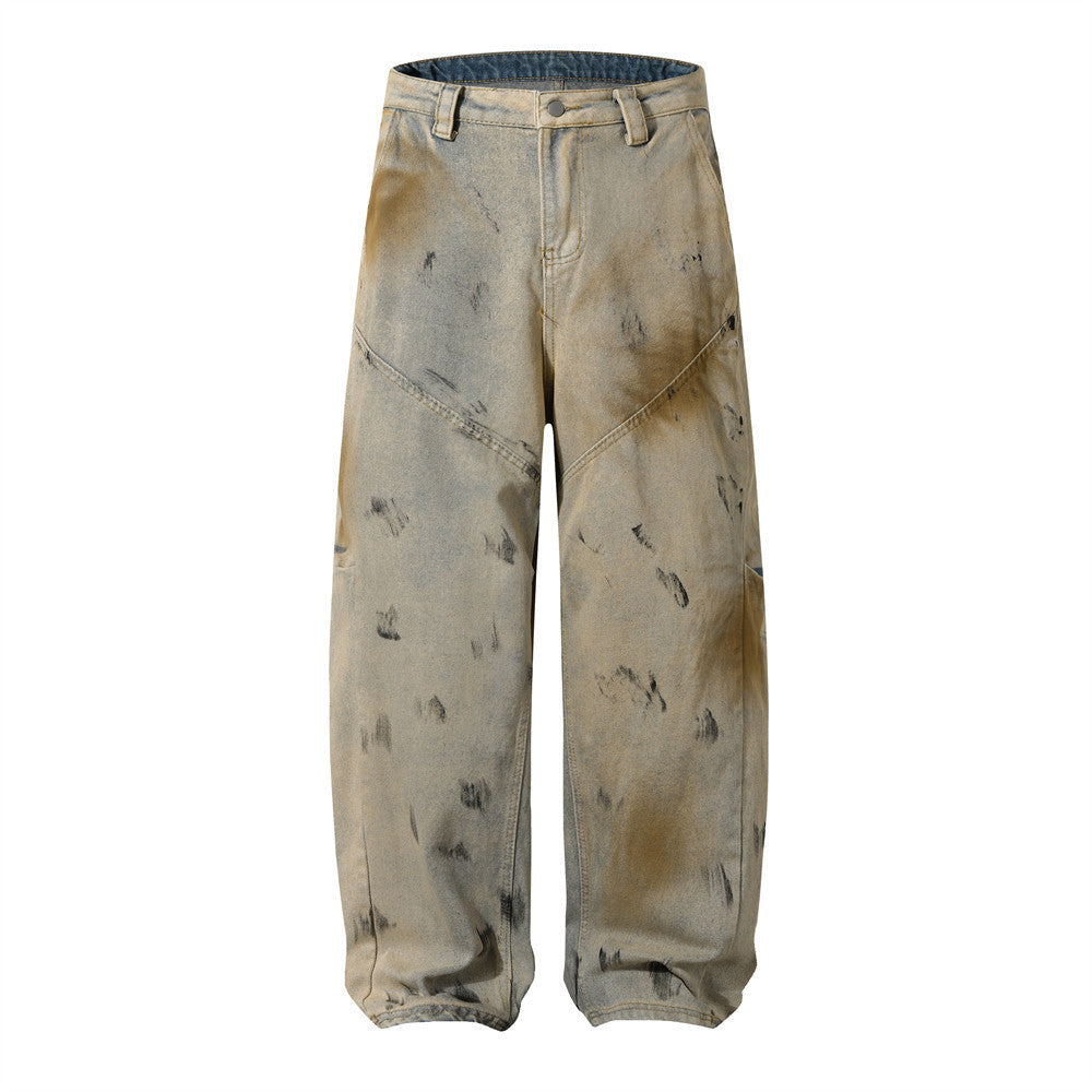 Wide-Leg Distressed Denim Jeans with Mud-Wash Finish and Creased Textured Details