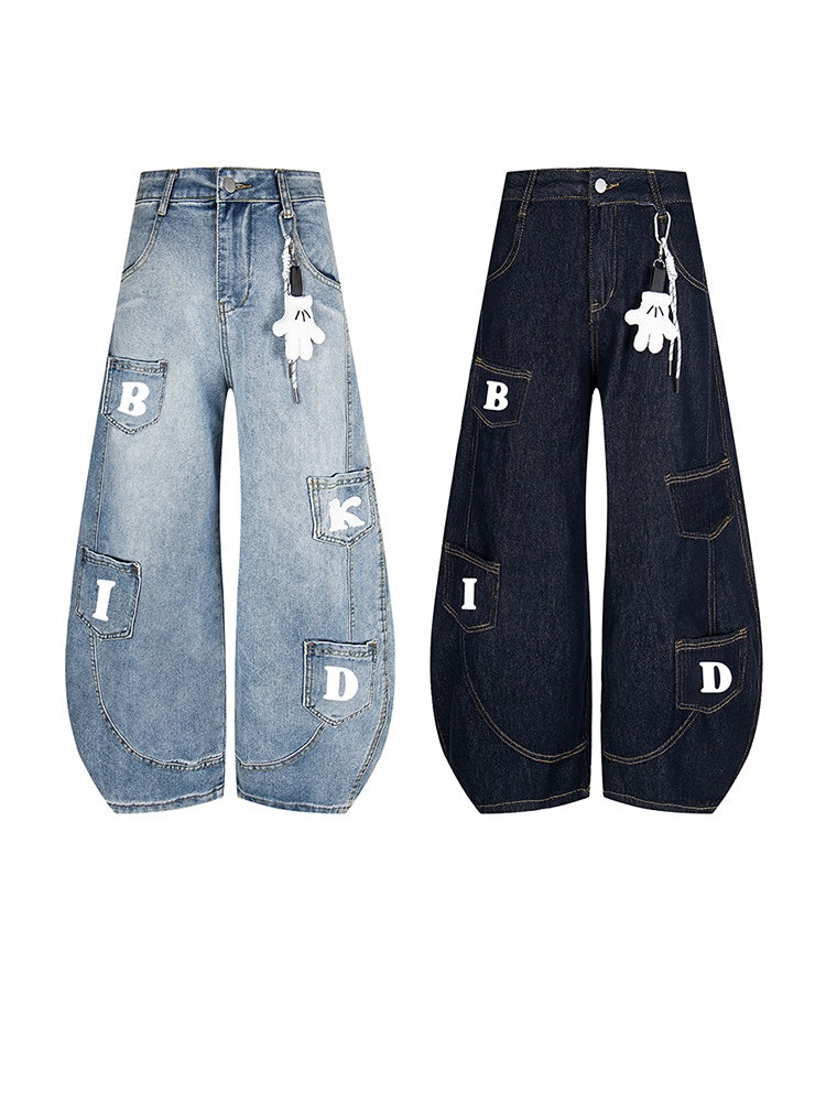 Retro Wide-Leg Denim Pants with Multi-Pocket Patch Details and Playful Streetwear Design