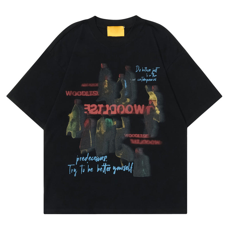 Retro Abstract Print T-Shirt with Artistic Collage Graphic and Soft Cotton Casual Streetwear Fit