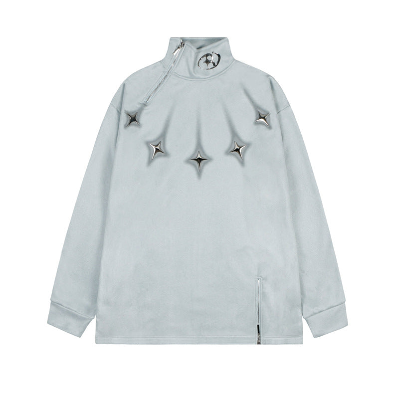High-Neck Zip Pullover with Star Detail and Soft Fleece Texture for Modern Streetwear Style