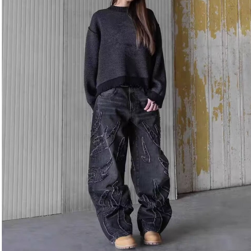 Embroidered Loose Fit Denim Jeans with Wave Stitching and Wide Stacked Streetwear Style
