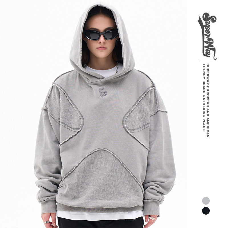 Textured High-Street Hoodie with Raw Seam Detailing in Gray or Black