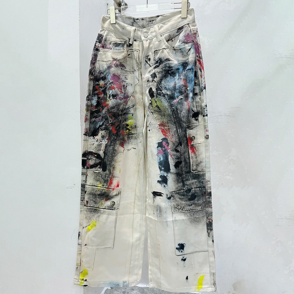 Graffiti Print Wide-Leg Jeans with Paint-Splatter Design
