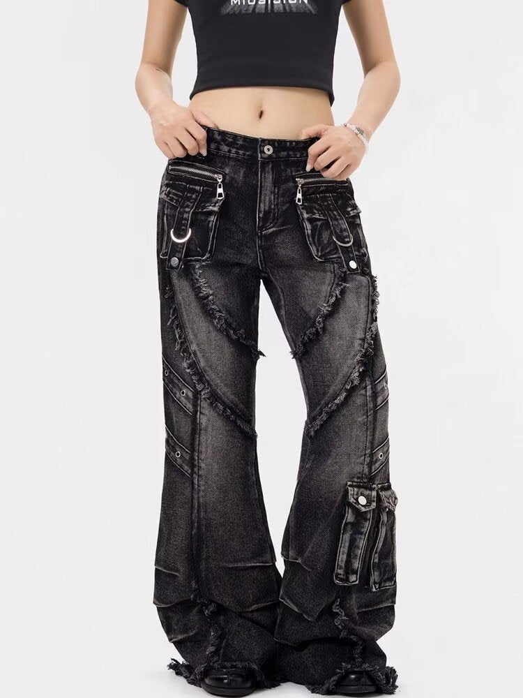 Distressed Black Wide Leg Jeans with Frayed Panels, Cargo Details, and Retro Streetwear Silhouette