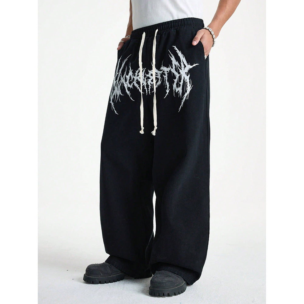 Wide-Leg Graphic Sweatpants with Abstract Print and Long Drawstrings