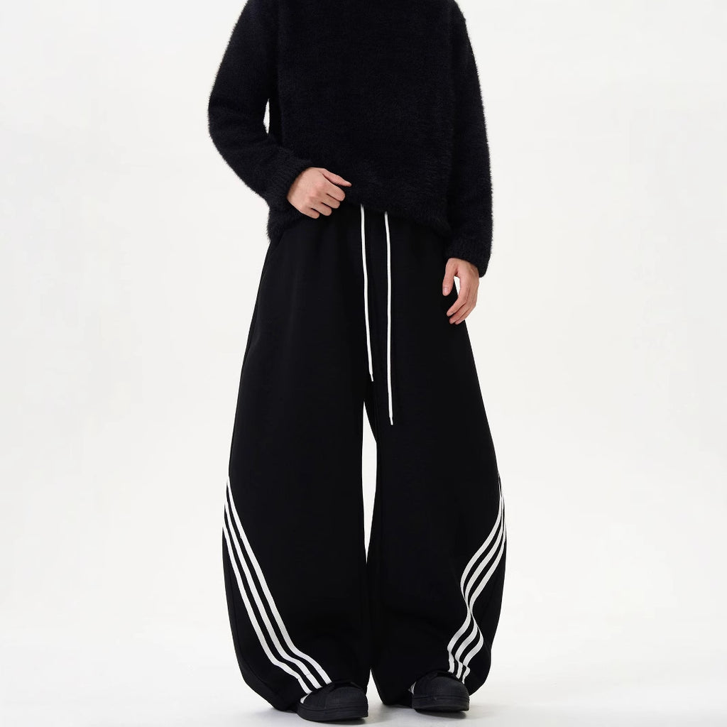 Striped Wide-Leg Sweatpants with Color-Block Detail and Adjustable Drawstring Waist