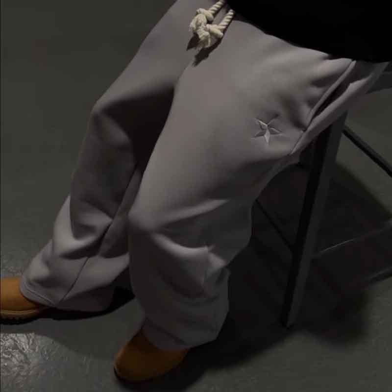 Embroidered Double-Waist Sweatpants with Relaxed Straight-Leg Fit
