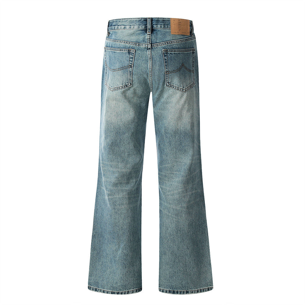 Vintage Washed Flared Denim Jeans with Wide Leg Silhouette and Classic Blue Finish