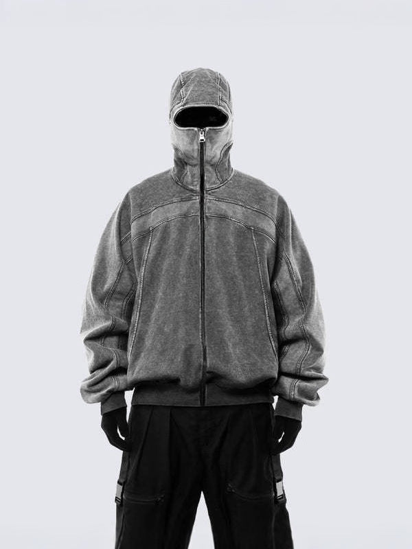 High-Neck Zip Pullover Jacket with Washed Texture and Oversized Streetwear Silhouette