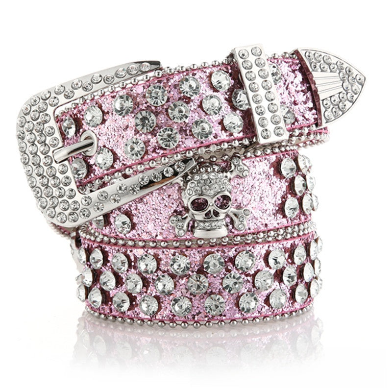 Rhinestone Studded Belt with Skull Hardware Accent