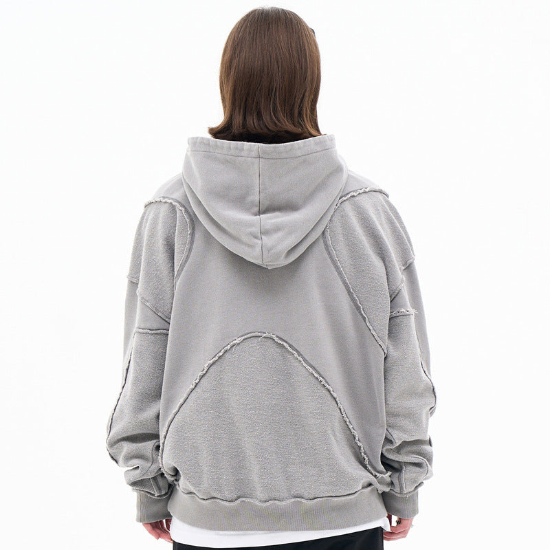 Textured High-Street Hoodie with Raw Seam Detailing in Gray or Black
