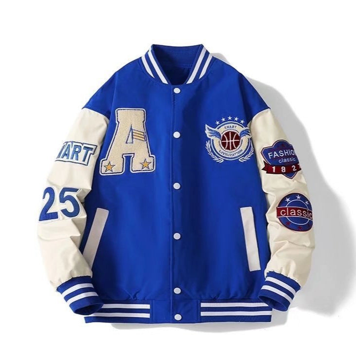 Retro Varsity Jacket with Contrast Sleeves and Embroidered Patch Details for Classic Streetwear