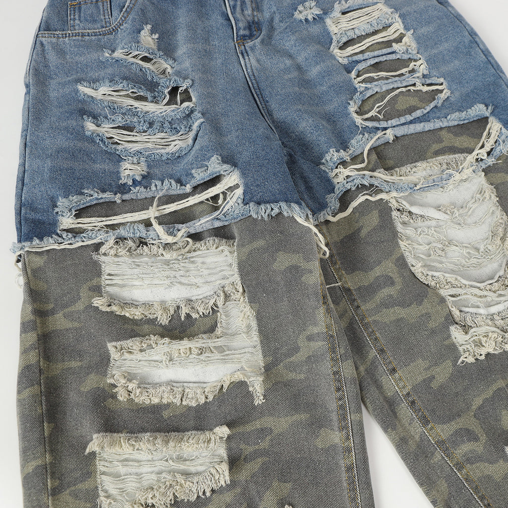 Distressed Two-Tone Wide-Leg Jeans with Layered Ripped Detail