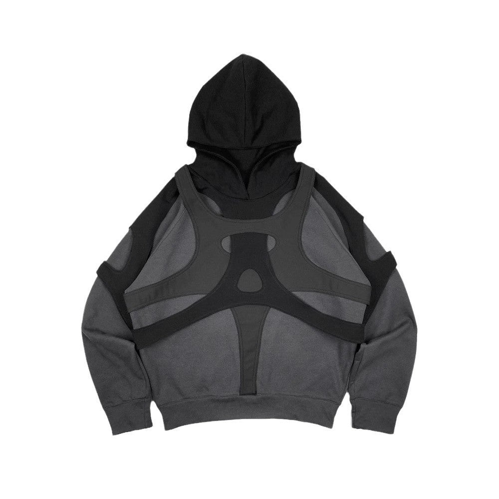 Dark Gray Hooded Pullover with Layered Cutout Panels and Modern Irregular Patchwork Design