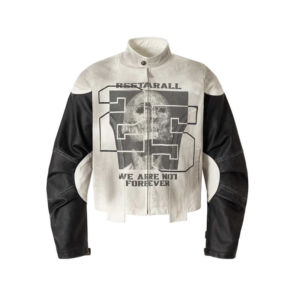 Two-Tone Faux Leather Jacket with Bold Graphic Print