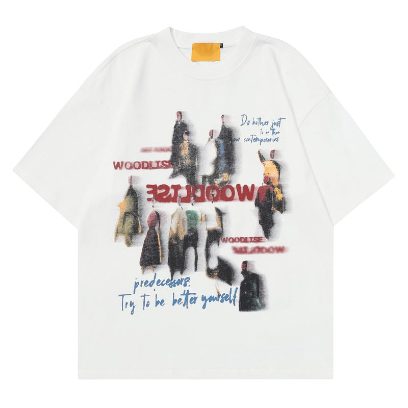 Retro Abstract Print T-Shirt with Artistic Collage Graphic and Soft Cotton Casual Streetwear Fit