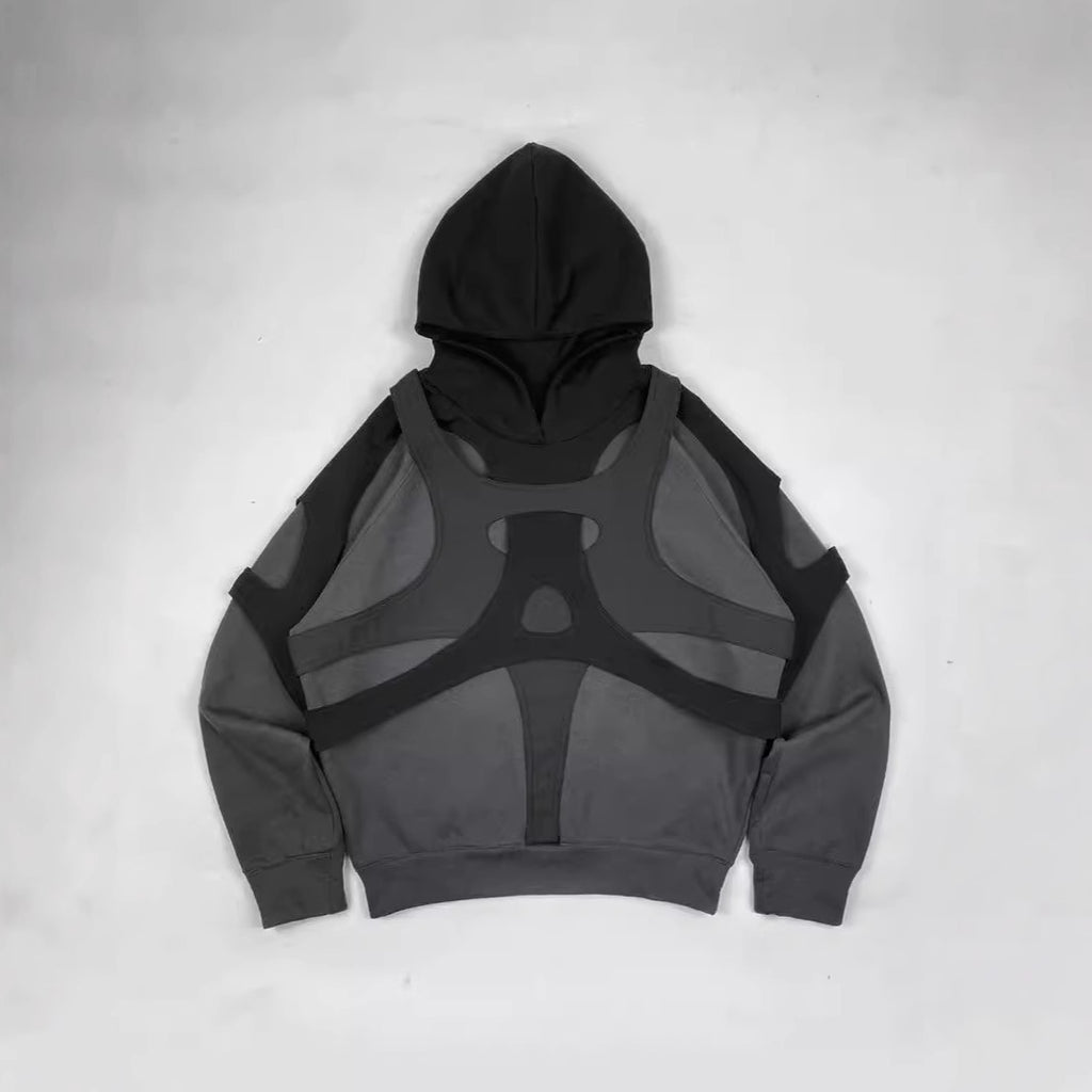 Dark Gray Hooded Pullover with Layered Cutout Panels and Modern Irregular Patchwork Design