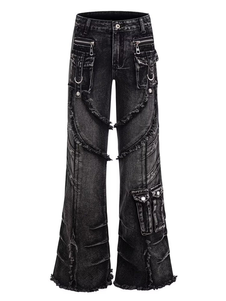 Distressed Black Wide Leg Jeans with Frayed Panels, Cargo Details, and Retro Streetwear Silhouette