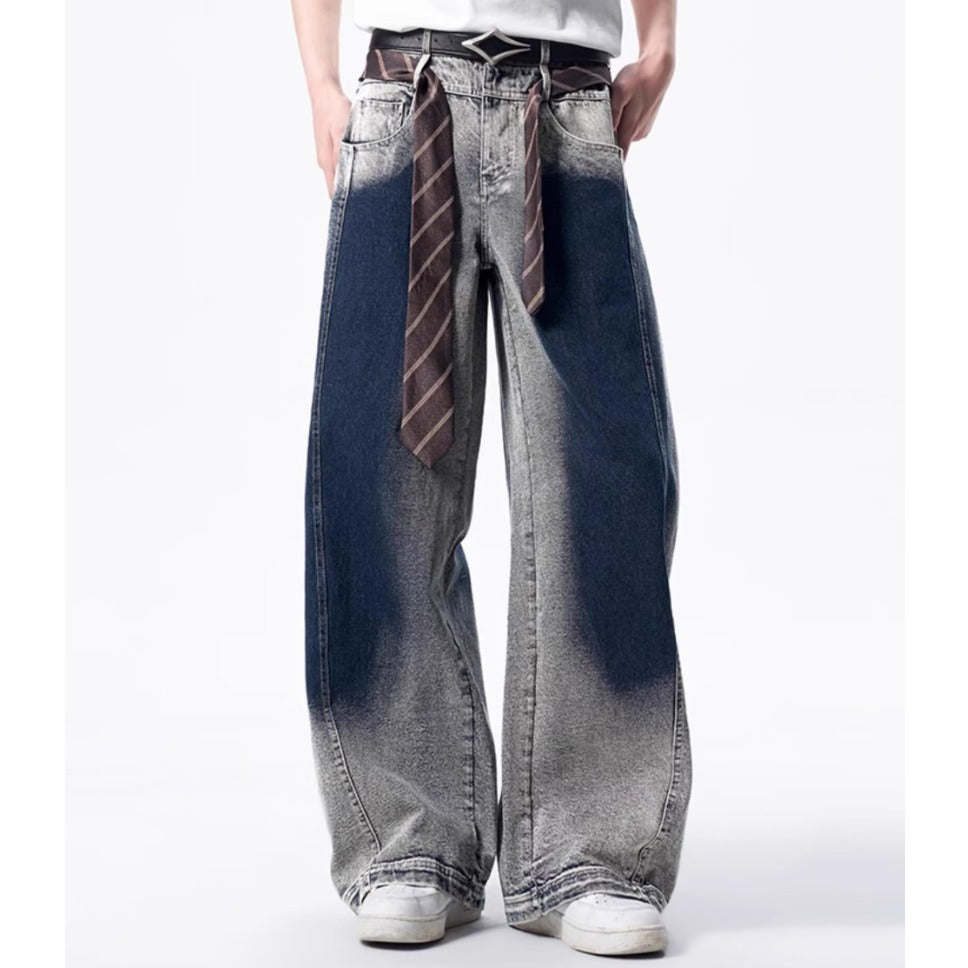 Oversized Gradient Wash Denim Jeans with Wide Leg Silhouette and Soft Fade Retro Streetwear Style