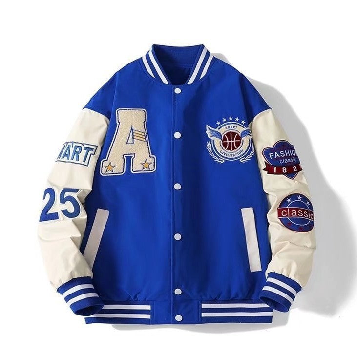 Retro Varsity Jacket with Contrast Sleeves and Embroidered Patch Details for Classic Streetwear
