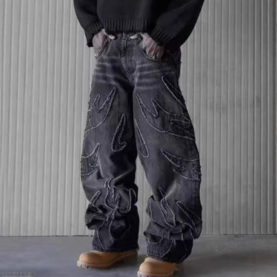Embroidered Loose Fit Denim Jeans with Wave Stitching and Wide Stacked Streetwear Style