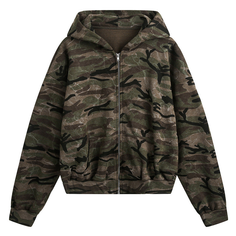 Camouflage Zip Up Hooded Jacket with Lightweight Design and Classic Green Streetwear Pattern