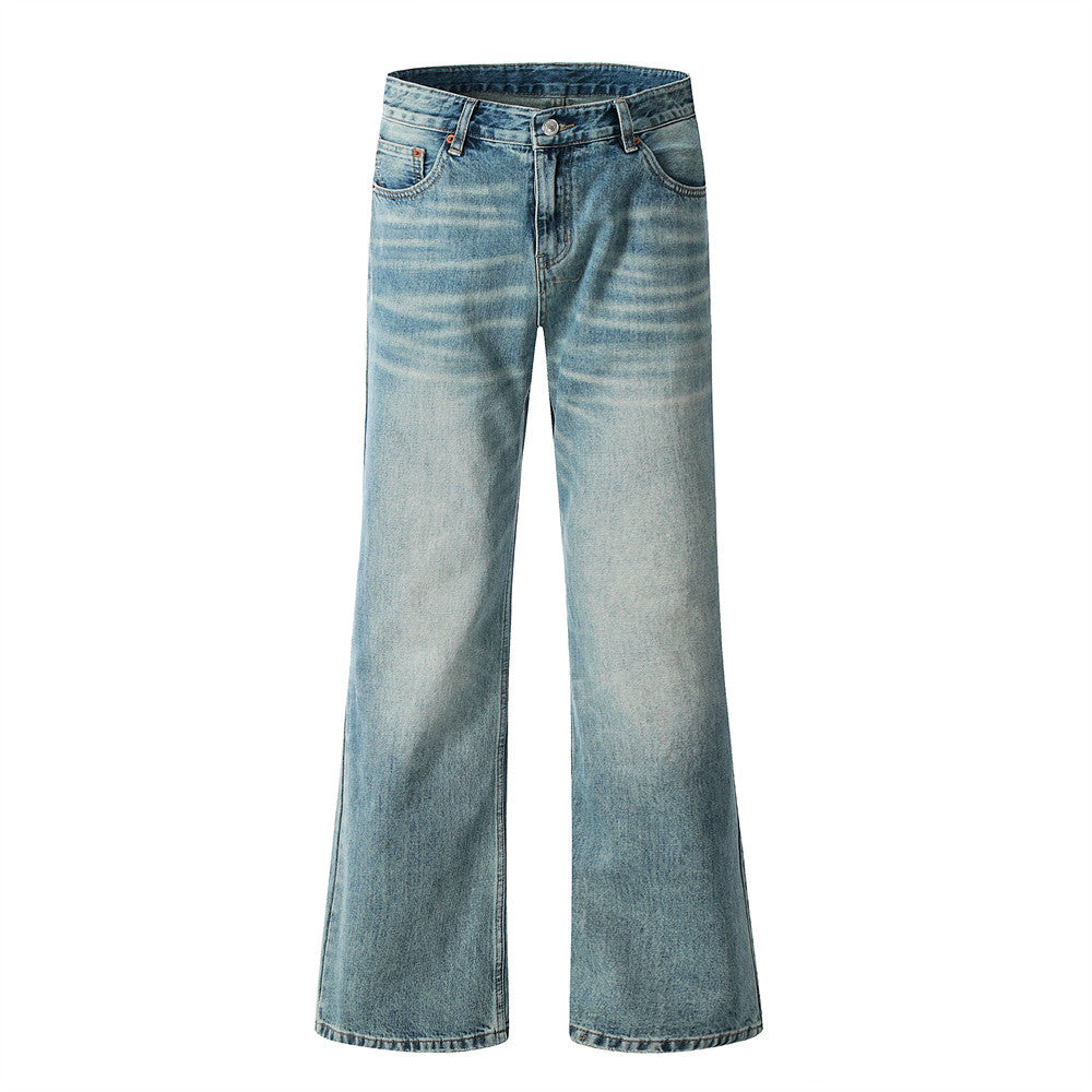 Vintage Washed Flared Denim Jeans with Wide Leg Silhouette and Classic Blue Finish