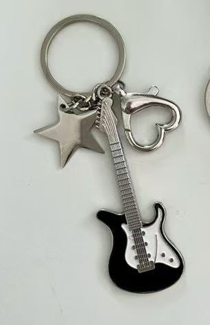 Metal Guitar Keychain with Star Accent in Black or White Y2K Design