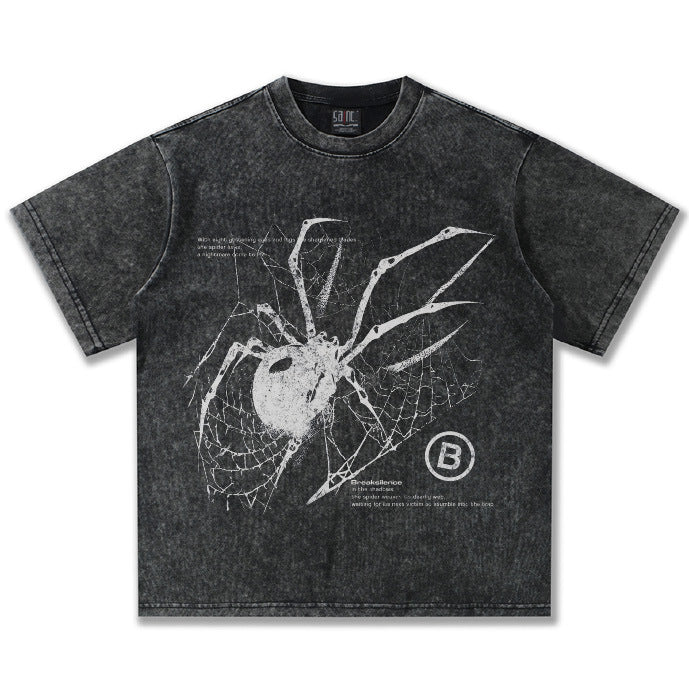 Washed Cotton T-Shirt with Large Spider Graphic Print in Black Streetwear Style