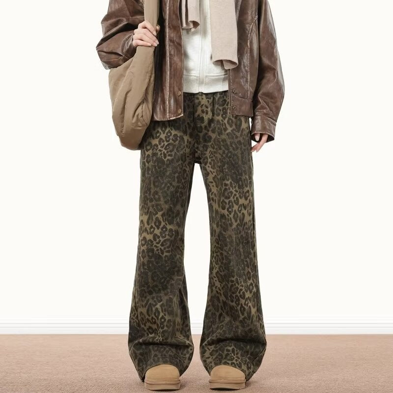 Leopard Print Wide-Leg Jeans in Earthy Brown