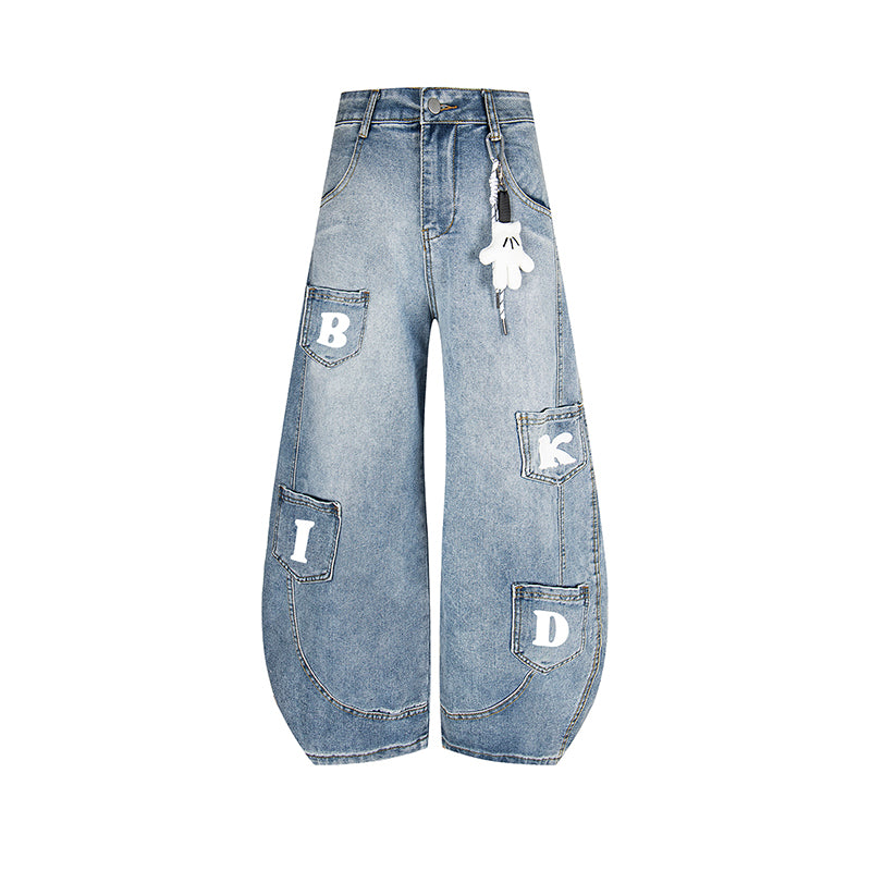 Retro Wide-Leg Denim Pants with Multi-Pocket Patch Details and Playful Streetwear Design