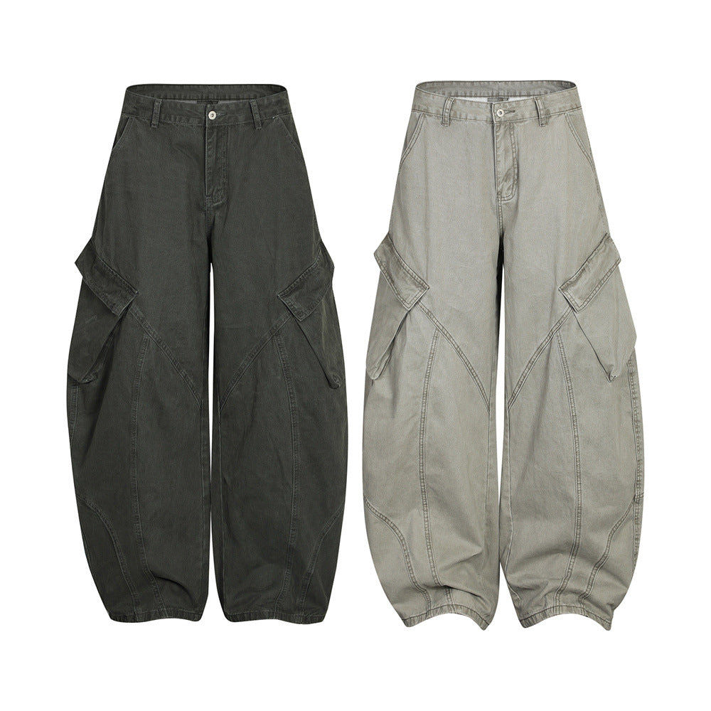 Wide-Leg Denim Pants with Paneled Cargo Details in Light or Dark Gray