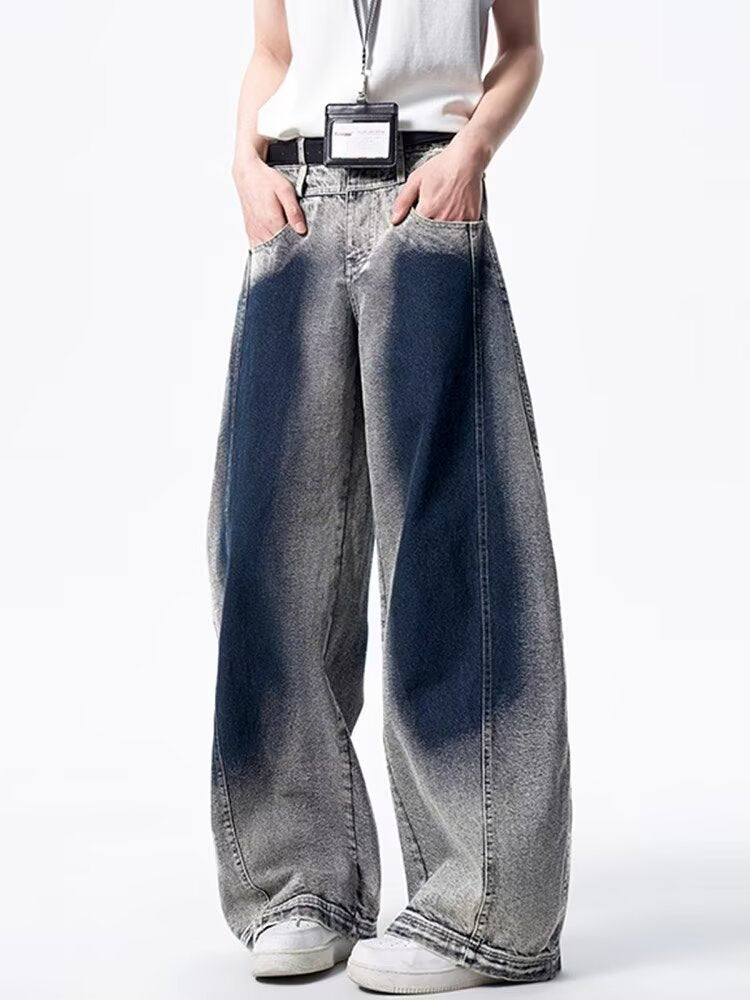 Oversized Gradient Wash Denim Jeans with Wide Leg Silhouette and Soft Fade Retro Streetwear Style