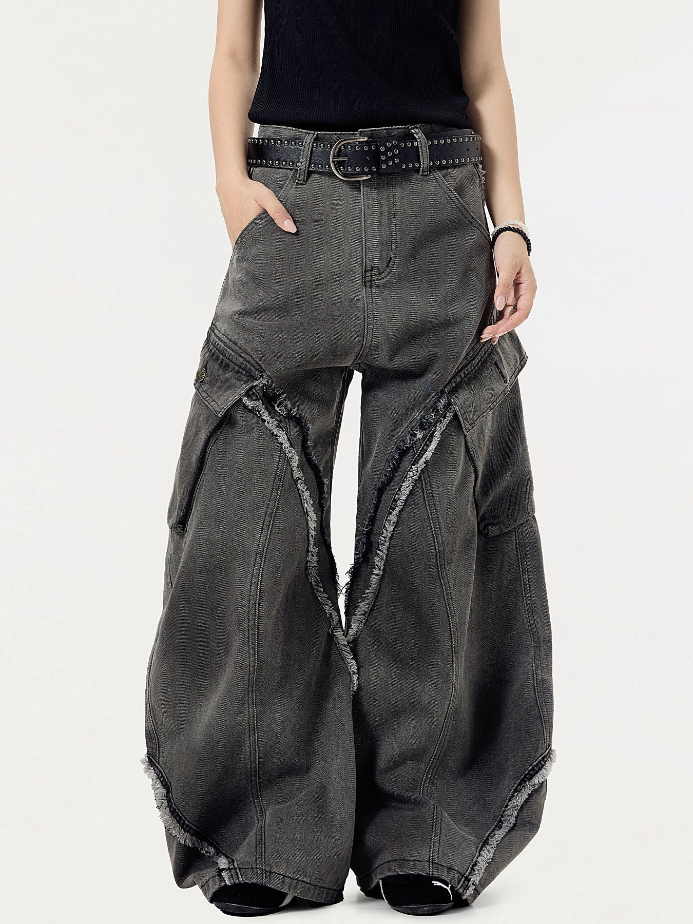 Extreme Wide-Leg Distressed Denim Pants with Frayed Cutouts and Bold Avant-Garde Streetwear Design