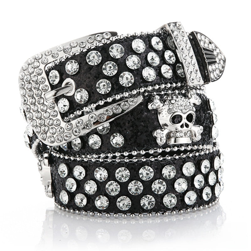 Rhinestone Studded Belt with Skull Hardware Accent