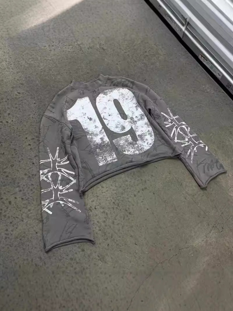 Graffiti Print Spray Fade Number Graphic Long Sleeve Streetwear Tee